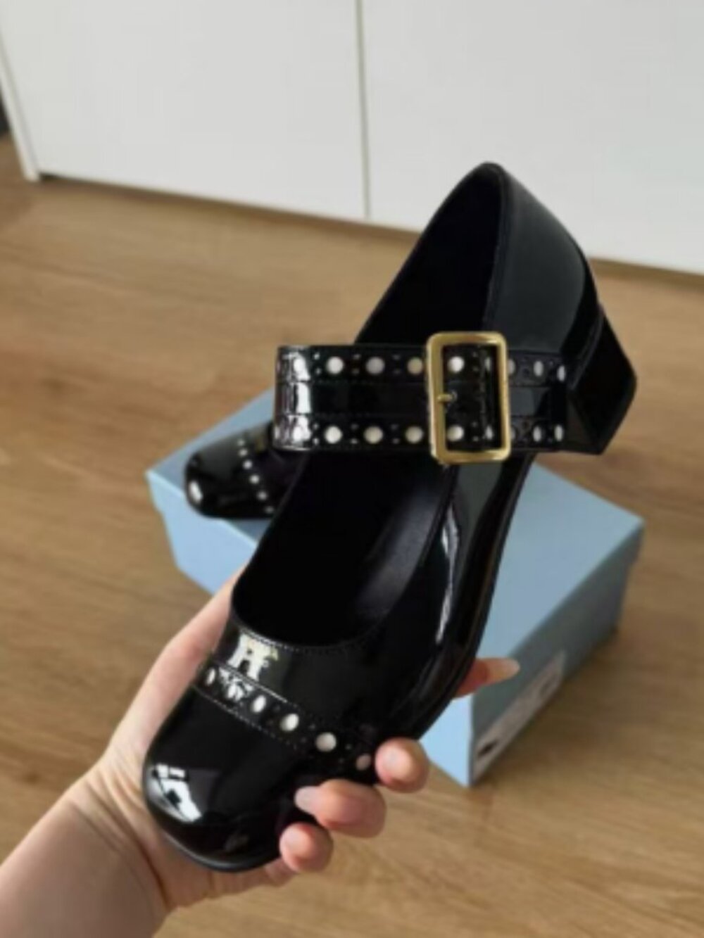 Prada Black Patent Leather Polka Dot Mary Jane Block Heels, Size EU 37 (US 7)